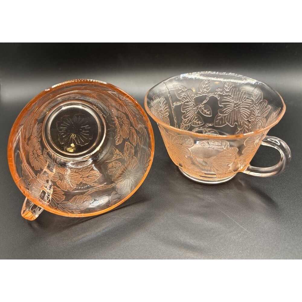 Set Of 2 VTG 1930s Macbeth-Evans Dogwood Pink Depression Glass Cups Flowers 3.5”